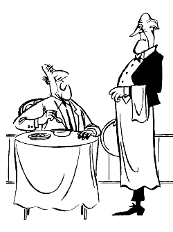 Illustration of man speaking with waiter.