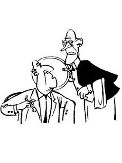 Illustration of waiter speaking confidentialy to man at table.