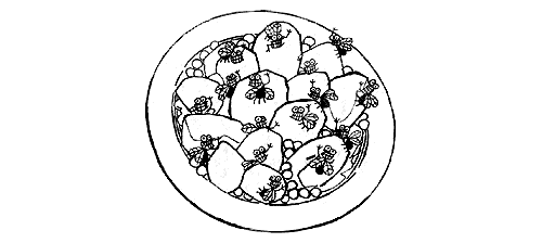Illustration of flies among veggies in bowl.