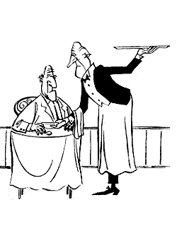 Illustration of waiter serving man at table.